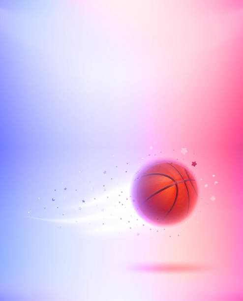 istock Neon glowing flying basketball ball. 3d vector vecrtical banner with copy space 1413545926