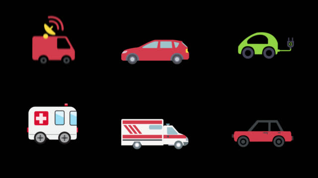 car icon set motion graphic animation, vehicle, transparent background