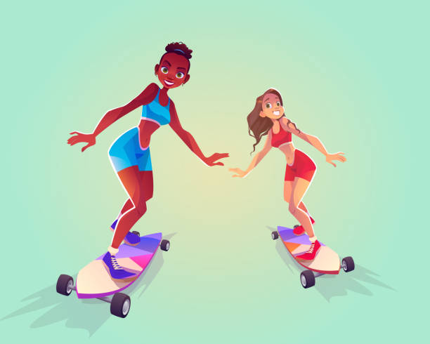 illustrations, cliparts, dessins animés et icônes de des filles heureuses sur le skateboard sur la route avec la paume - snowboarding snowboard silhouette black and white