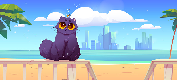 istock Cute cat sit on terrace railing on sea beach 1413547434