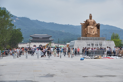 People visit newly reconstructed Gwanghwamun Square in central Seoul, South Korea on 7 August 2022