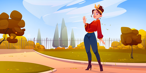 Woman in autumn city park waving hand in greeting gesture. Female character say hello standing on street with metal fencing and orange trees, nature view fall background, Cartoon vector illustration