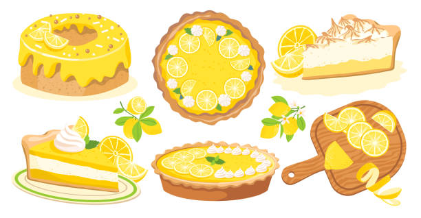 레몬 파이 세트 - white background isolated on white cutting board cooking stock illustrations