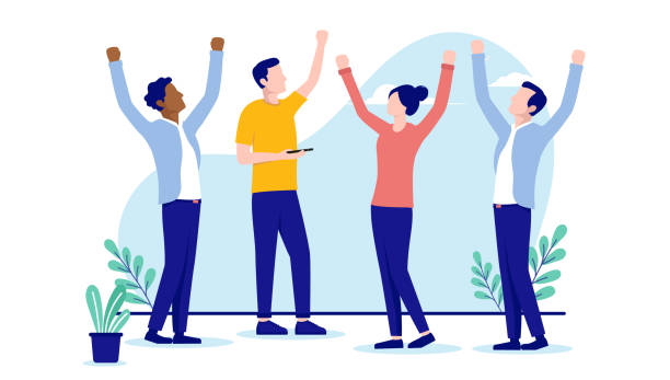 Happy people celebrating and cheering with hands in air Group of casual businesspeople winners being happy and successful. Flat design vector illustration with white background human arm stock illustrations