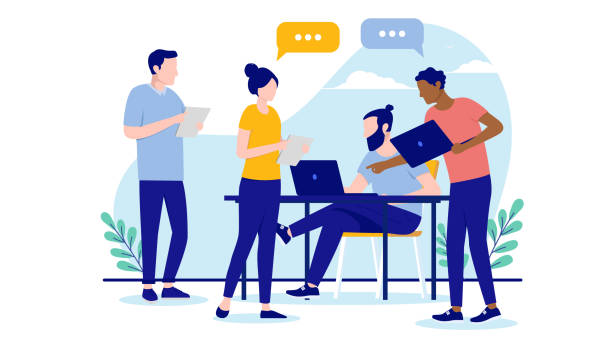 Four people working in office and communication Group of casual business people discussing with computers and and speech bubbles. Flat design vector illustration with white background dedication stock illustrations