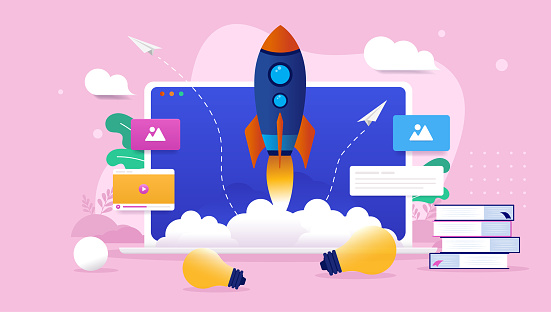 Computer Program Now Launching Tech Startup Vector Illustration With Rocketship Launching From ...