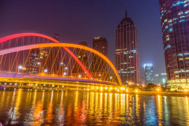 istock Tianjin Hai river waterfront downtown skyline with illuminated Dagu bridge,China. 1413551966