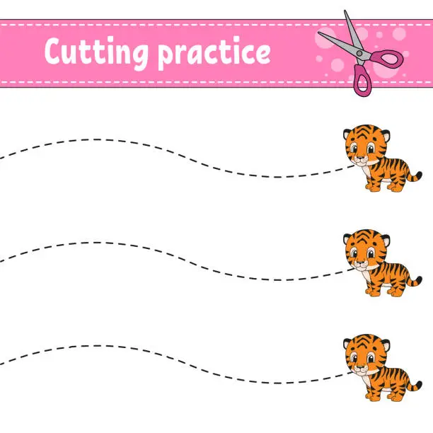 Vector illustration of Cutting practice for kids. Education developing worksheet. Activity page. Color game for children. Isolated vector illustration. cartoon character. Animal theme.