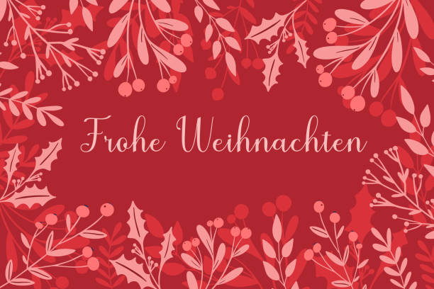 illustrations, cliparts, dessins animés et icônes de frohe weihnachten - joyeux noël en allemand. carte de vœux, modèle, bannière. cadre d’hiver en rouge, baie de houx rose, plante de gui, silhouette de verdure de noël - christmas holly backgrounds pattern