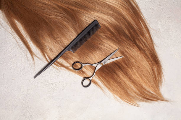 istock Long healthy ginger hair, professional scissors and comb on white background 1413555253
