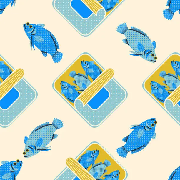 Vector illustration of Seamless pattern, background, wrapping paper, illustration, postcard, print with cans of sardines in vector