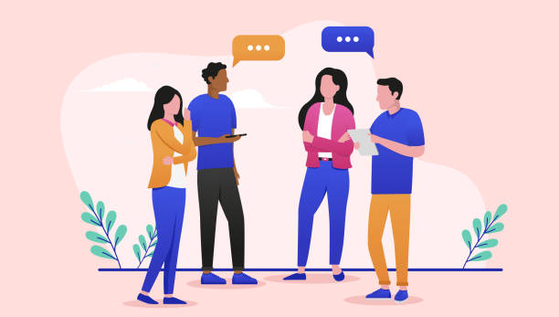 Group of people in conversation Business people in casual clothes standing up talking and having a meeting. Flat design vector illustration four people office stock illustrations
