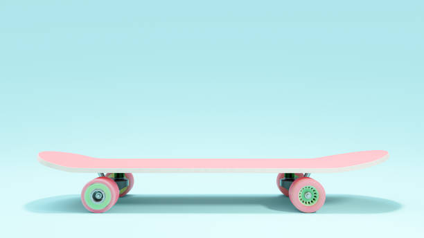 青い背景にピンクのスケートボード。エクストリームスポーツ用品。