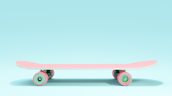 Pink skateboard or Surf Skate on blue background. Extreme sport equipment. Designed in pastel tones, 3D Render.