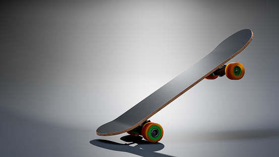 Black Skateboard or Surf Skate on Bright light from behind background. Extreme sport equipment. Designed in pastel tones, 3D Render.