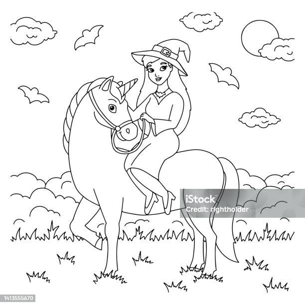 The Witch Rides A Unicorn Coloring Book Page For Kids Cartoon Style