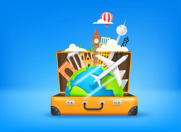 istock Season travel concept with suitcase and famous world sights. Vector 3d illustration 1413556828
