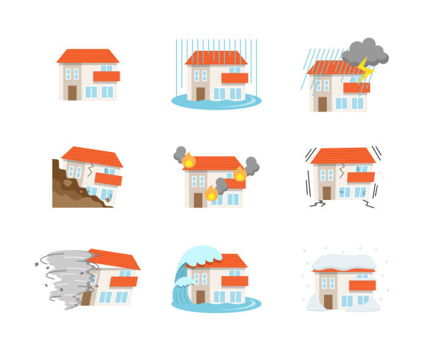 Illustrations of various disasters in housing Illustration of various disasters in housing. flooded home stock illustrations