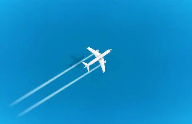 Vector illustration of Flight af modern aircraft above the blue sea. 3d vector illustration