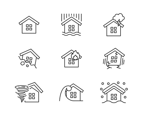 Line drawing icons of various disasters in housing.