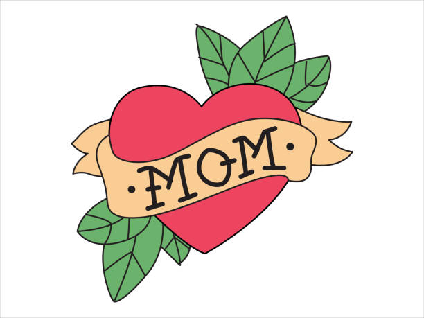 Red Heart with green leaves and a ribbon with the wording MOM. Retro Tattoo vector illustration