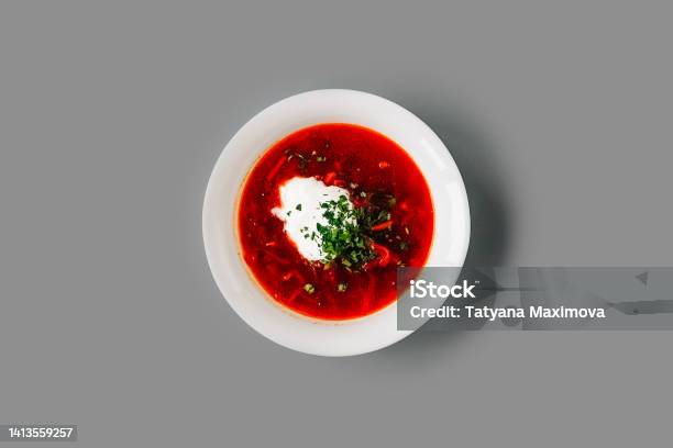 Hodgepodge Soup In A White Plate On Gray Stock Photo - Download Image Now - Appetizer, Backgrounds, Bowl