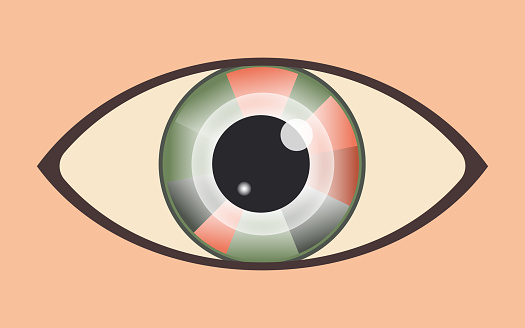 An eye with a green pupil on a pink horizontal background. Vector.