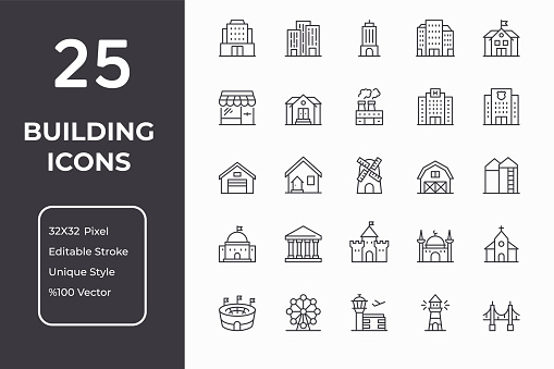 Buildings Editable Stroke, Pixel Perfect, Customizable Colors, 100% Vector Line Icons