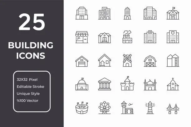 Vector illustration of Buildings Line Icon Set