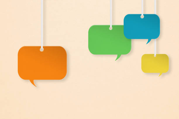 istock speech bubbles colorful paper cut set,  on grunge light orange background . For message box outline cartoon  illustration design. Balloon doodle style of thinking sign symbol, price tag 1413563116