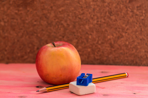 office or school accessories and apple. back to school concept
