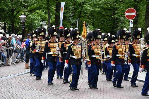 View Of Spectators And The Netherlands Armed Forces Orchestra Marching, Playing Music On The Street During Annual Veterans Day In The Hague The Netherlands Europe