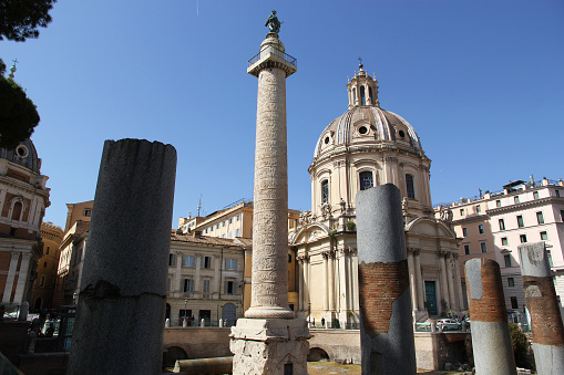 Rome cityscape seen from Vittorio Emanuele Monuments: Coliseum, Roman Forum and San Pietro in carcere Church.