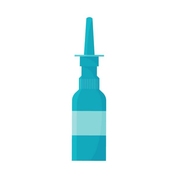 Nasal spray isolated. Flat template on white background. Medication for rhinitis treatment. Object vector illustration of nasal drops bottle packaging Nasal spray isolated. Flat template on white background. Medication for rhinitis treatment. Object vector illustration of nasal drops bottle packaging. nasal spray stock illustrations