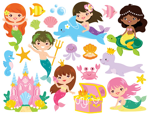 Cute mermaids, merman, sea animals and related items.