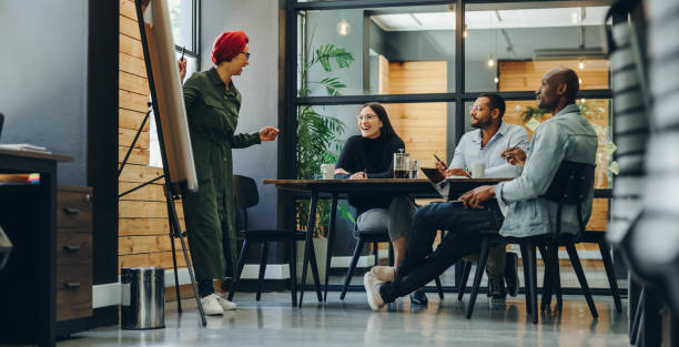 istock Female team leader giving a presentation during an office meeting 1413566596