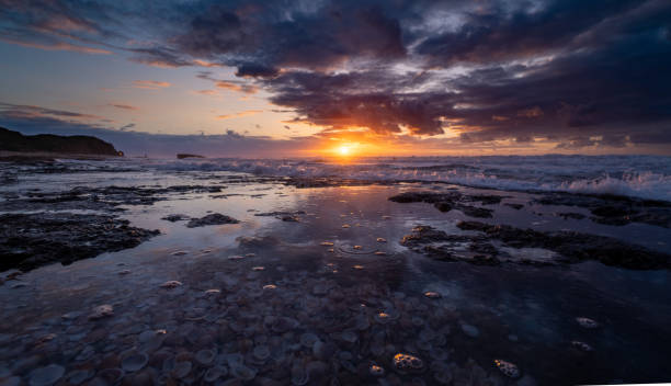 Romantic sunset on Palmachim beach, Israel stock photo
