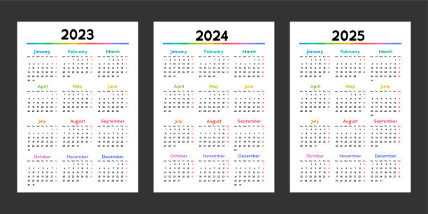 illustrations, cliparts, dessins animés et icônes de calendrier pour 2023, 2024 et 2025, la semaine commence le lundi, un modèle d’entreprise de base avec des éléments multicolores lumineux. illustration vectorielle - calendrier 2024