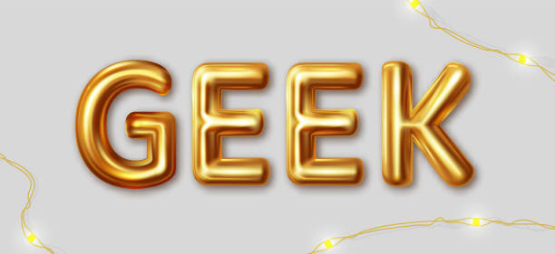 istock Geek. Vector inscription gold letters on a gray background 1413570733