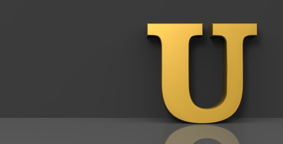 U letter golden sign on black background 3d rendering