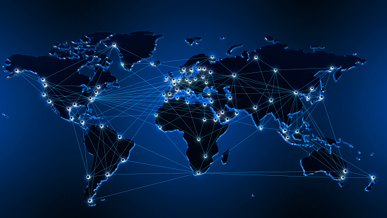 World map, countries cities are connected by lines. Global communications, logistics, transport and trade. Transmission lines for goods and services and social networks. 3d rendering