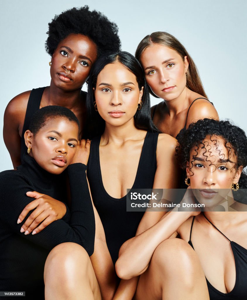 A diverse group of beautiful women with natural beauty and glowing smooth skin. Portrait of many attractive female fashion models with great skincare of all races, tones and style Women Stock Photo