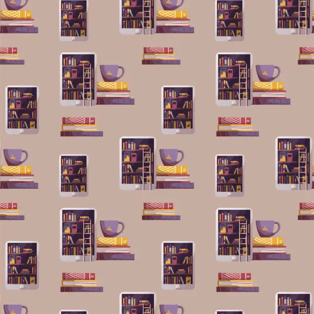 Vector illustration of Seamless pattern with books, e-book reader, cup of tea.