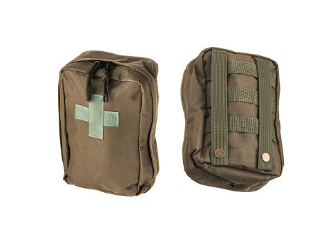 Modern military field first aid kit. A soft zippered bag with a medical cross filled with medicines. Isolate on a white background.