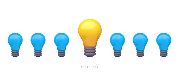 istock Row of blue and yellow light bulbs isolated on white background. 3d realistic vector illustration in minimal modern cartoon style. Creative glossy plastic concept design. Decorative composition. 1413576260