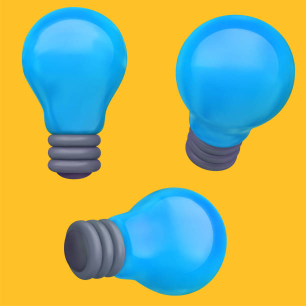 istock Set 3d cartoon blue light bulb in realistic plastic glossy minimal style isolated on yellow background. Collection creative design element for game, business, branding. Modern vector illustration. 1413576285