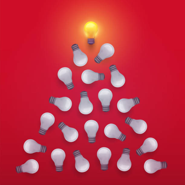 istock Set of lightbulbs in shape of triangle isolated on red background. 3d realistic vector illustration in minimal modern cartoon style. Creative glossy plastic concept design. Decorative composition. 1413576321
