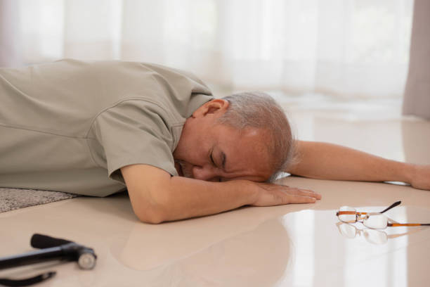 istock Asian senior male falling on the ground while walk with walker at home. 1413576452