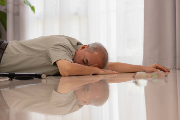 istock Asian senior male falling on the ground while walk with walker at home. 1413576454