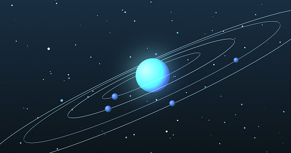Generic solar system. Planets orbiting a blue star. Cartoon style background. 3D illustration